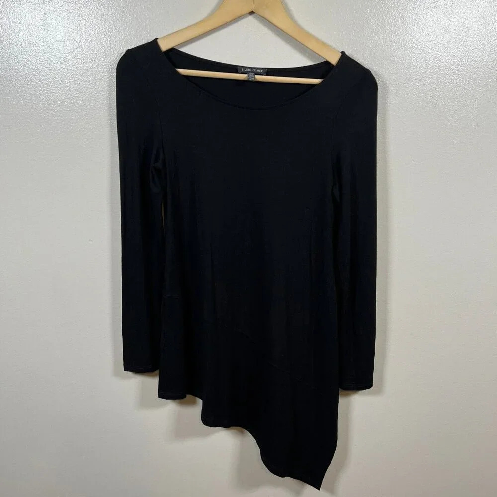 Eileen Fisher Asymmetric Tunic Top Size XS Black Minimal Neutral Stretch Comfy